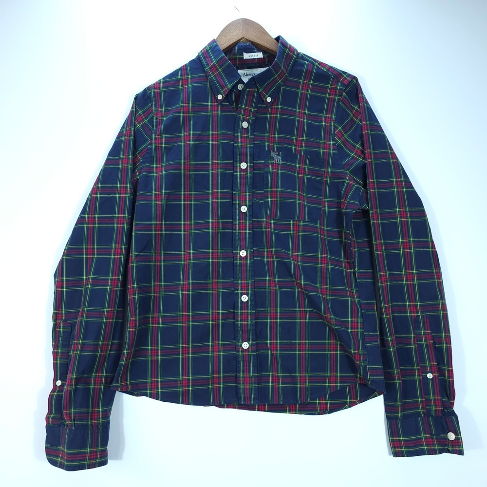 Abercrombie & Fitch Mens L Blue Plaid‎ Muscle Fit Button Down Shirt Preppy Y2K